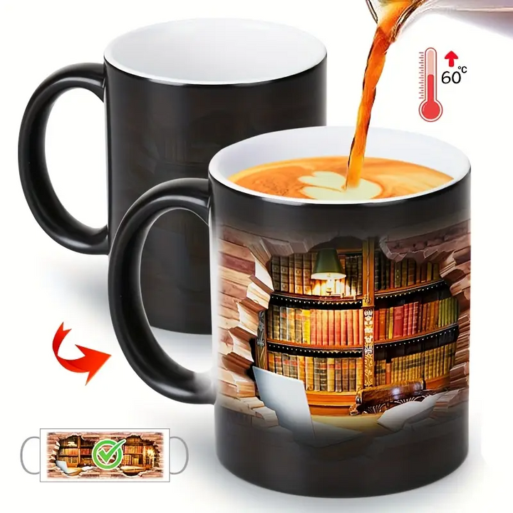 Magiczny ceramiczny kubek termiczny z motywem regału na książki
