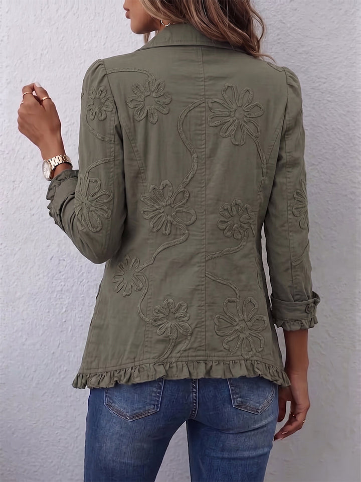 Olivia | Boho-Chic Kwiatowa Haftowana Kurtka Użytkowa z Falbanami